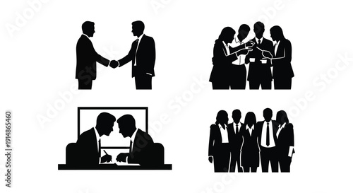 Business people interacting in various scenarios including handshakes and meetings depicted as a black silhouette on transparent background high quality professional