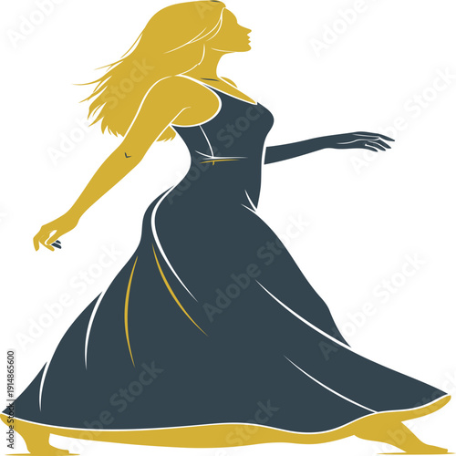 Elegant ballerina in a flowing gown performing a graceful dance move. Vector