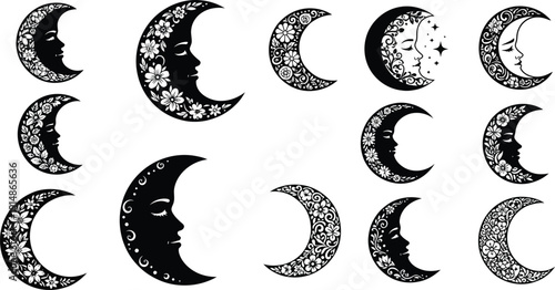Crescent moon face vector illustration set with floral patterns and mystical elements. Decorative celestial icons collection for design projects.