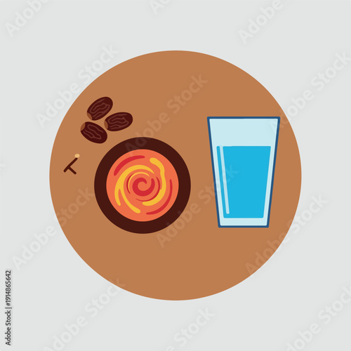 A top-down view of a small bowl of food with a swirl pattern, a few dates, and a glass of water on a brown circular surface.