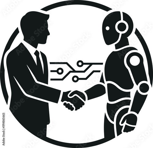 Businessman shaking hands with AI robot silhouette artificial intelligence collaboration digital transformation corporate partnership vector illustration