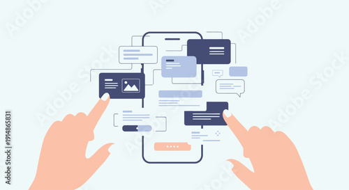 Hands interacting with a mobile device displaying various digital elements and media content