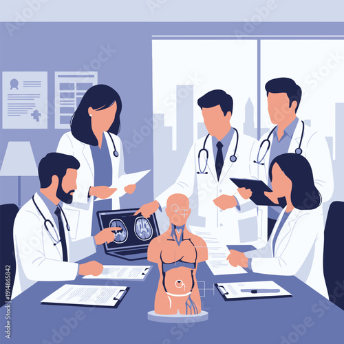 Medical professionals collaborating around a table with a human body model, analyzing scans and discussing treatment options in a clinical environment.