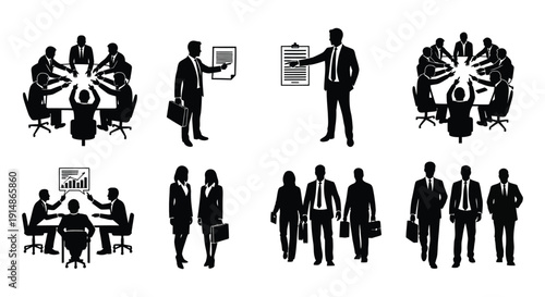 A collection of black silhouettes depicting business people in meetings and presentations on transparent background high quality professional detailed modern elegant