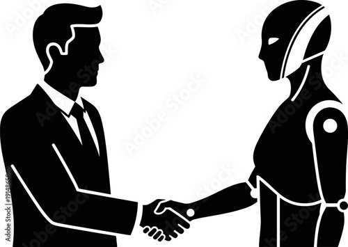 Businessman shaking hands with humanoid robot silhouette artificial intelligence partnership future corporate technology collaboration vector illustration