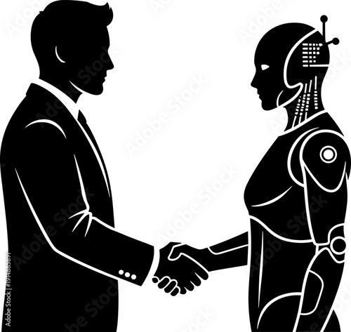 Businessman shaking hands with humanoid robot silhouette artificial intelligence partnership digital transformation future technology concept vector illustration
