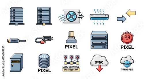 Set of icons representing technology and data transfer, including servers, cables, fans, and cloud sync