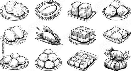 Traditional Asian Desserts and Snacks Line Art Icon Set with Dumplings Mochi and Rice Cakes Vector Collection