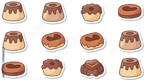 Cute Pudding and Flan Dessert Icon Set with Caramel Chocolate Custard Vector Collection