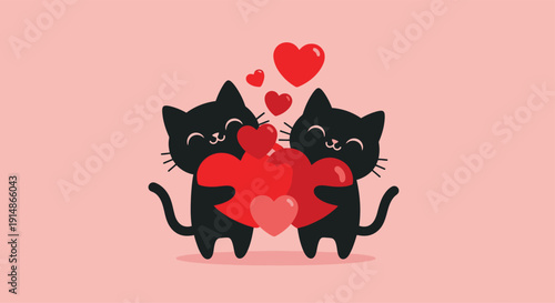 Two black cats embracing a heart, surrounded by floating hearts, in a digital illustration