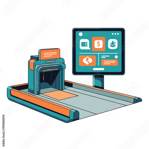 Automated scanning device with digital interface displaying transactional data and icons on a modern, sleek, and minimalist platform.