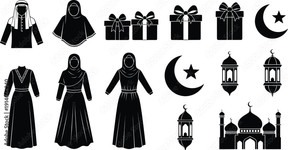 Naklejka premium Black and white Islamic culture and Ramadan icons set vector illustration. Traditional clothing, mosque, and symbols collection.