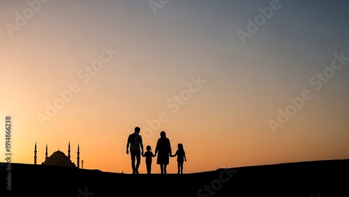 Family Walking at Sunset Silhouette.