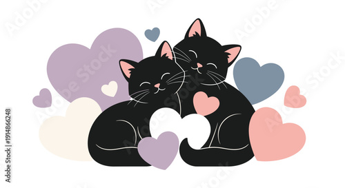 Two black cats embracing, surrounded by hearts, illustration, whimsical scene, tender moment, valentine's day theme