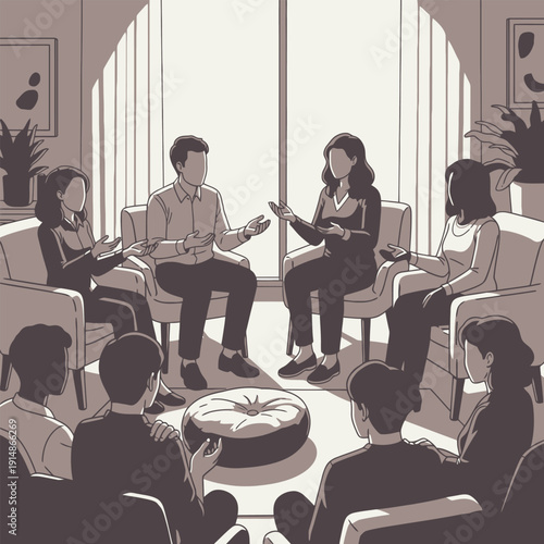 Group discussion in a modern office setting with participants seated in a circle