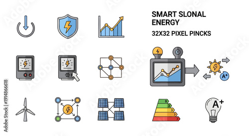 Comprehensive collection of modern smart energy icons representing sustainable power solutions, renewable energy management, and efficiency innovations for a connected future