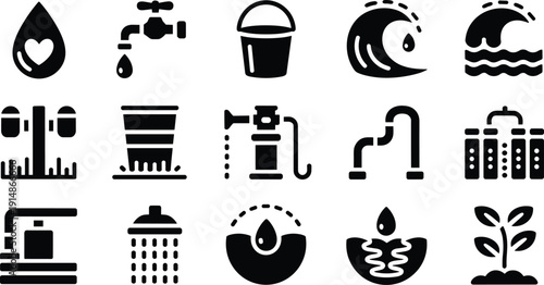 Water Conservation and Plumbing Solid Icon Set with Tap Pipe Rain Building and Nature Vector Collection