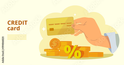 Credit card in humans’ hand, bank card with coins and percent sign, illustration for bank landing page, concept of credit card