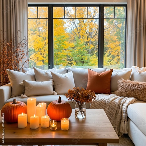 Cozy living room with autumnal decor and a view of fall foliage