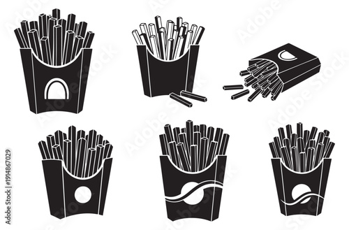 Group of six french fries icons in paper packaging showing fast food and snacks for restaurant menus and takeaway advertising in black and white vector style