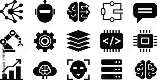 Artificial Intelligence and Machine Learning Icon Set. Minimalist solid vector icons of AI robot, neural network, deep learning, data processing, face recognition, cloud computing, and automatioMobile