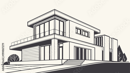 Modern two-story house with large windows and balcony