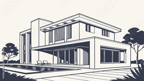 Modern two-story house with pool and lounge chairs