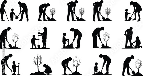 Family tree planting silhouettes, parents and children gardening together, black vector illustration set isolated on white background, environmental conservation concept