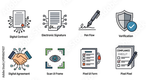 Comprehensive collection of modern business icons showcasing digital contracts, electronic signatures, online agreements, secure verification, and compliance checklists for streamlined legal processes