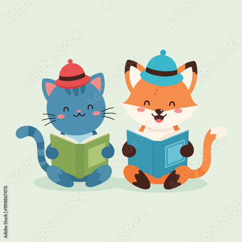 Cat and Fox Reading Together