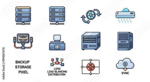Comprehensive pixel art icon set depicting essential data storage, server infrastructure, network management, and cloud synchronization concepts for modern technology and IT solutions