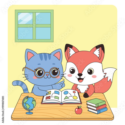 Cartoon Cat and Fox Studying Together