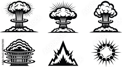 Atomic explosion silhouette icon collection showing nuclear mushroom clouds, blast shockwaves, radioactive energy effects, war disaster hazard concept vector set