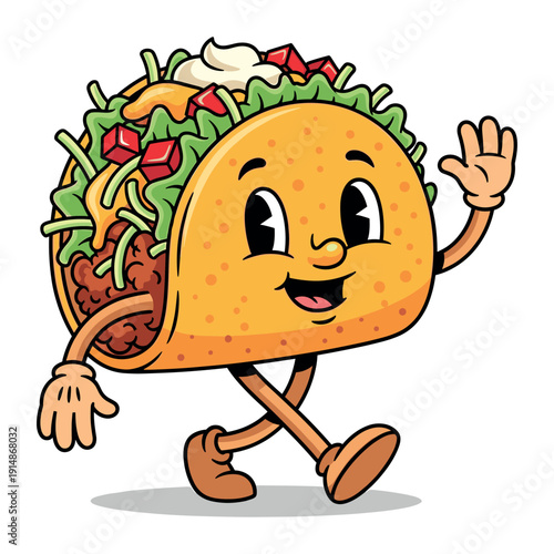 Happy cartoon taco character waving, fun retro food illustration, vintage design element