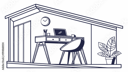 Modern home office with laptop and plant in minimalist shed