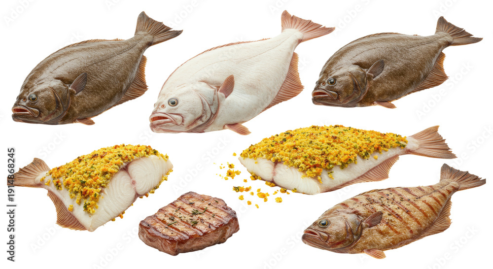Obraz premium Three whole turbot, raw and cooked fillets and steaks with herb breadcrumb crusts, isolated on transparent background