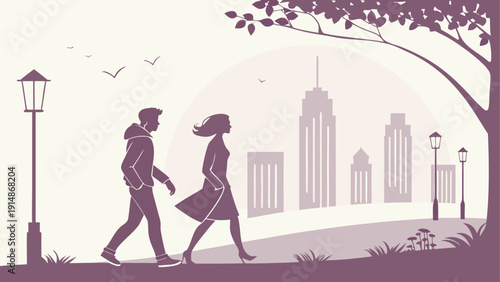 Couple walking hand in hand through city park at sunset