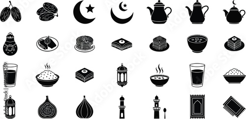 Ramadan and Islamic Culture Solid Glyph Icons Set Vector Illustration for Web and Print Design