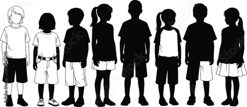 Children silhouettes lineup, boys and girls standing together school age kids isolated on white background vector