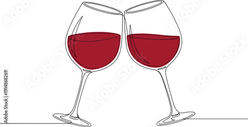 Clinking red wine glasses illustration featuring elegant celebration toast minimal line art vector isolated romantic drink concept dinner party love beverage design