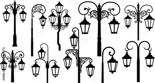 Collection of Vintage Street Lamp Silhouettes Set for Design Projects Vector Illustration