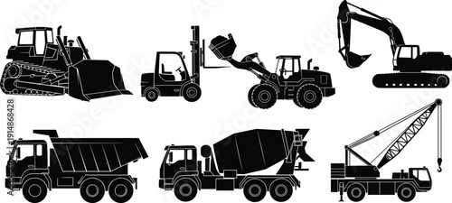 Construction machinery silhouette set featuring excavator, bulldozer, forklift, dump truck, concrete mixer and crane, heavy equipment industrial vector illustration