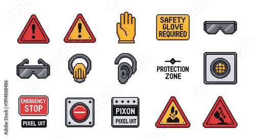Comprehensive collection of vibrant pixel art safety and warning icons, featuring essential protective gear, hazard signs, and emergency alerts for industrial and workplace environments