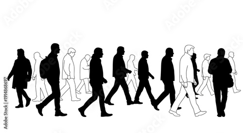 Silhouetted People Walking in Various Directions.