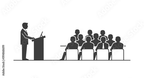 Man Speaking at Podium to Audience.