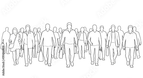 Group of People Walking in Line Drawing Style.