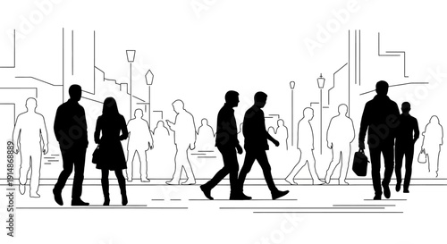 Silhouetted People Walking in City Street Scene.