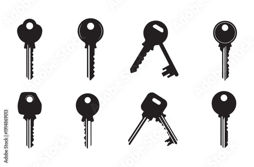 House and car keys icons set for security and property access concept with various metal key shapes and house ownership symbols on transparent background for real estate service
