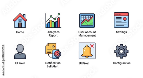 A Set of 8 Pixel Art Icons for Web and App Interfaces, Including Home, Analytics, User Management, Settings, User Profile, Notifications, UI Elements, and Configuration