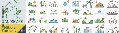 Collection of landscape icons featuring mountains, trees, and buildings in a simple line style